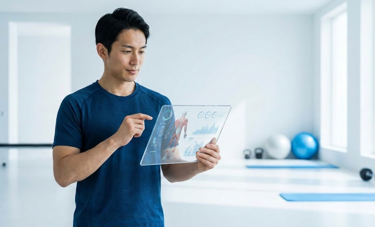 科学的な筋トレとボディメイクのロードマップをイメージした、明るいジムでデジタルデータを分析するフィットネス男性